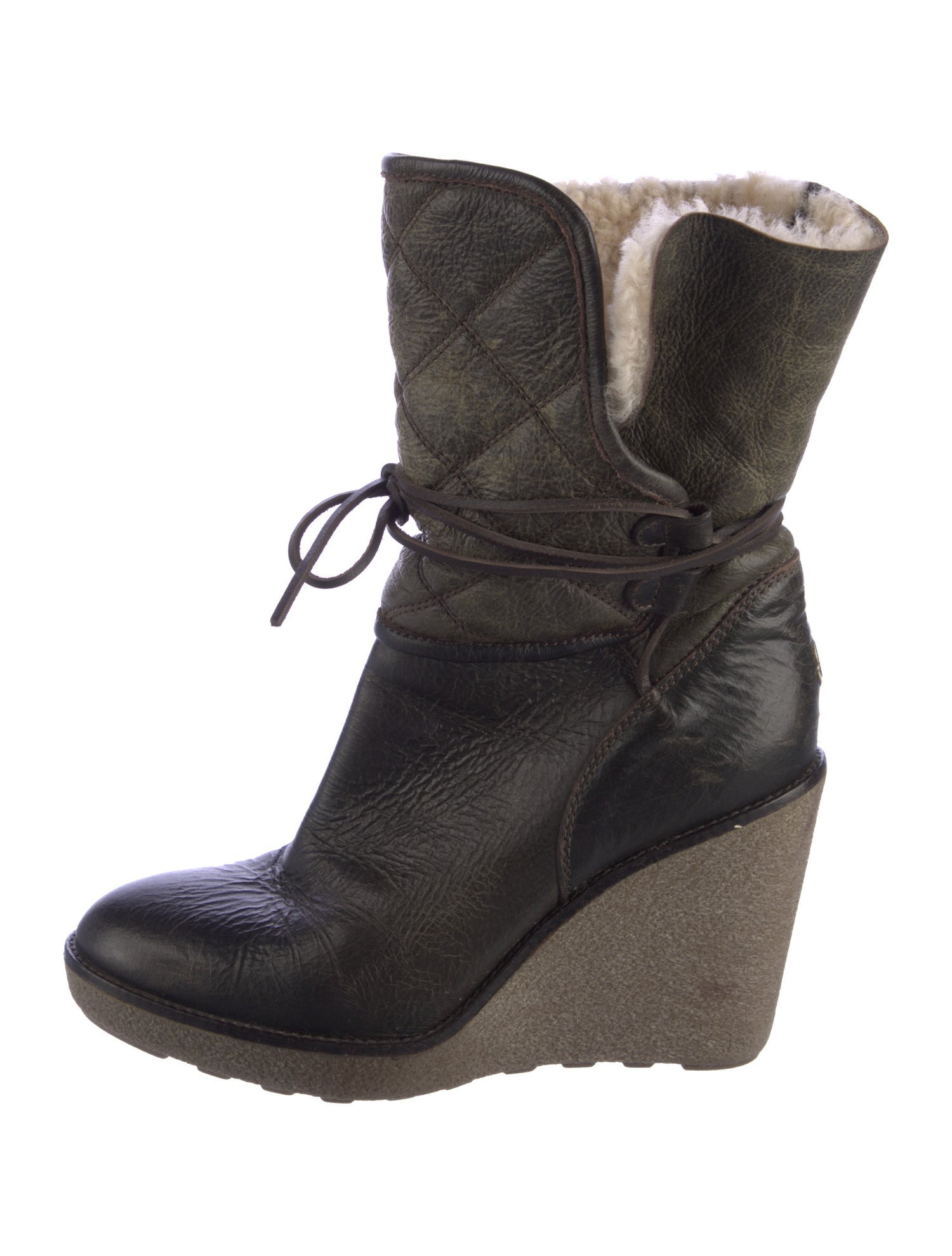 Moncler Leather Fur Trim Lace-Up Boots